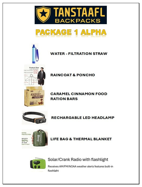 TANSTAAFL BACKPACKS DISASTER ESSENTIALS PACKAGE ALPHA