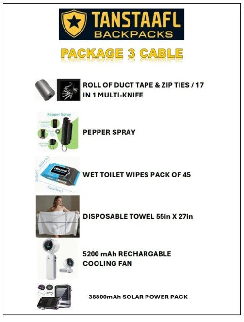 TANSTAAFL BACKPACKS DISASTER ESSENTIALS PACKAGE CABLE