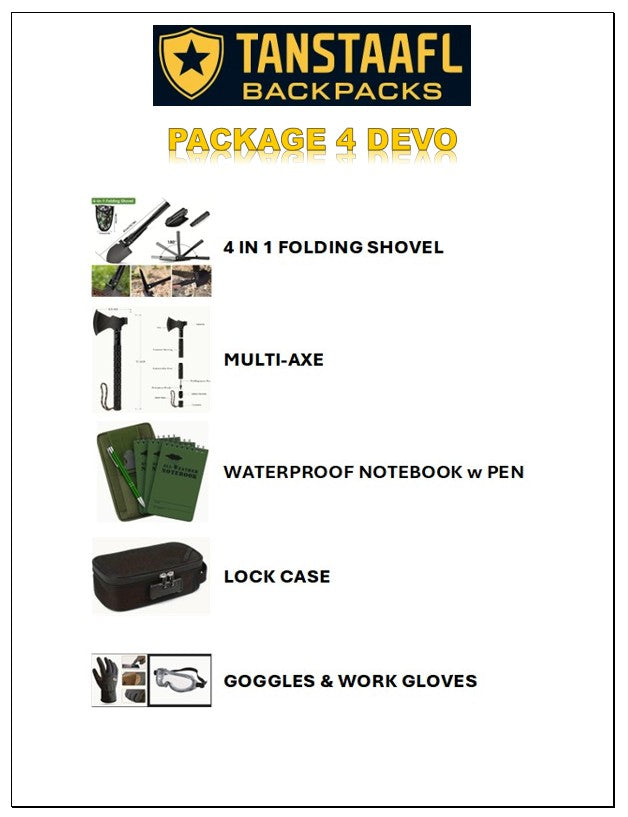 TANSTAAFL BACKPACKS DISASTER ESSENTIALS PACKAGE DEVO